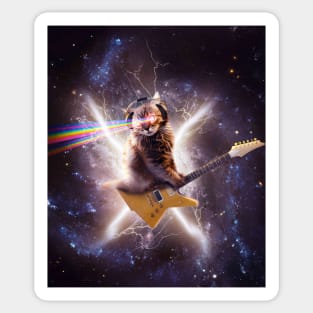 Laser Cat Riding Guitar In Outer Space Galaxy Lightning Sticker